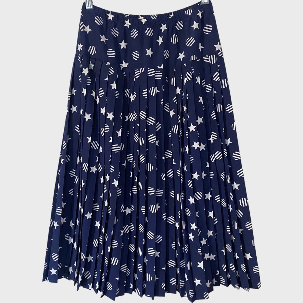 Vintage Castleberry High-Waisted Pleated Midi Skirt Size 4 Blue Star Print USA